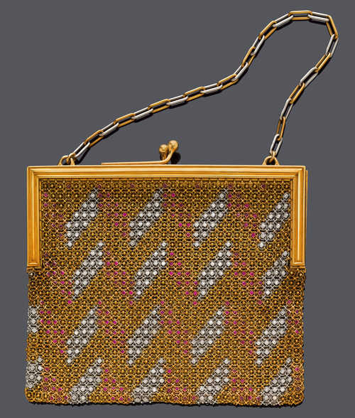 DIAMOND, RUBY AND GOLD EVENING BAG, France, ca. 1945.