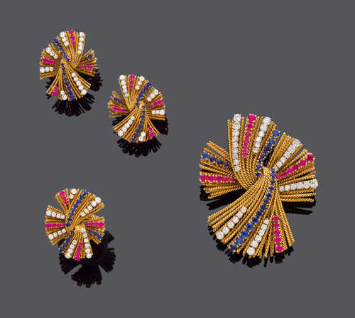 RUBY, SAPPHIRE AND DIAMOND CLIP BROOCH WITH EARCLIPS AND RING, BY VOURAKIS, ca. 1950.