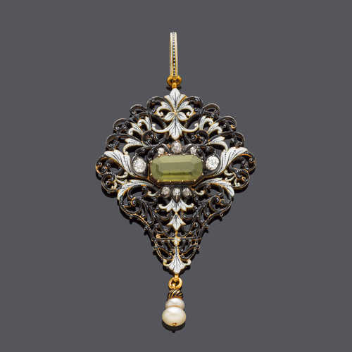 ENAMEL AND PERIDOT PENDANT, BY C. GIULIANO, ca. 1890. Yellow gold.