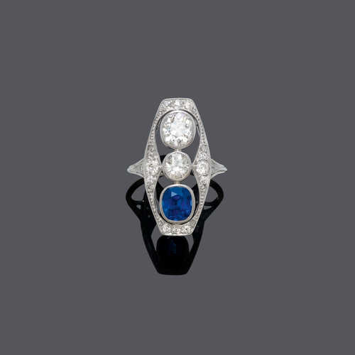 SAPPHIRE AND DIAMOND RING, ca. 1935.