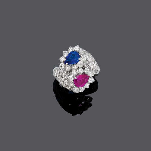 RUBY, SAPPHIRE AND DIAMOND RING.