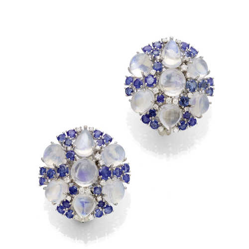 MOONSTONE, SAPPHIRE AND DIAMOND EARRINGS.