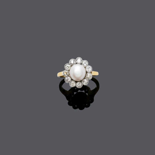 PEARL AND DIAMOND RING, ca. 1900.