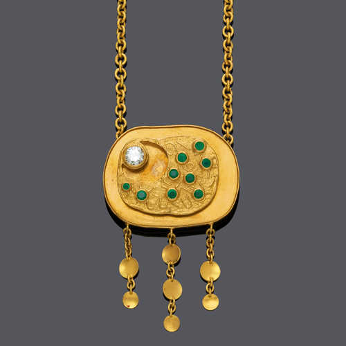 GOLD, EMERALD AND DIAMOND PENDANT, BY MAX POLLINGER, AFTER KANDINSKY.