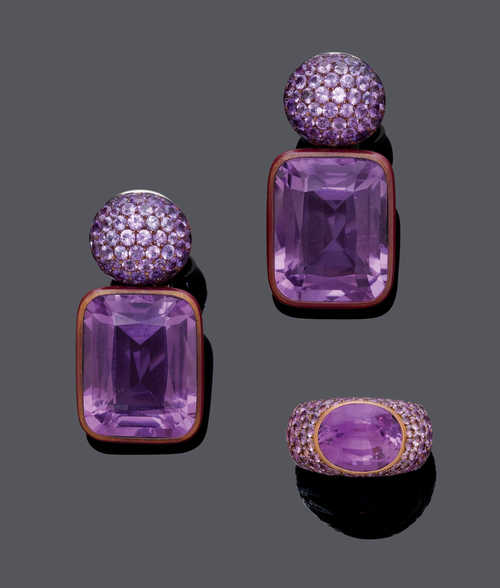 AMETHYST-SAPHIR-OHRHÄNGER UND RING, HEMMERLE.