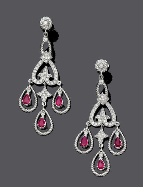 RUBY AND DIAMOND EAR PENDANTS.