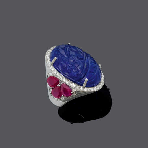 TANZANITE, RUBY AND DIAMOND RING.