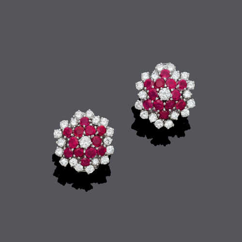 RUBY AND DIAMOND EARCLIPS, ca. 1970.