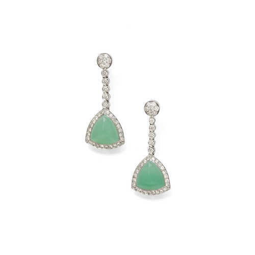 CHRYSOPRASE AND DIAMOND EARRINGS.