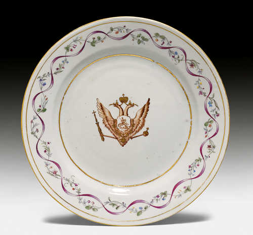 A FAMILLE ROSE-DISH FROM A SERVICE FOR CATHERINE THE GREAT OF RUSSIA.