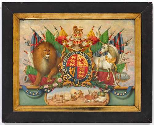 BEMALTE TAFEL MIT DEM WAPPEN DER ENGLISCHEN KÖNIGSFAMILIE,