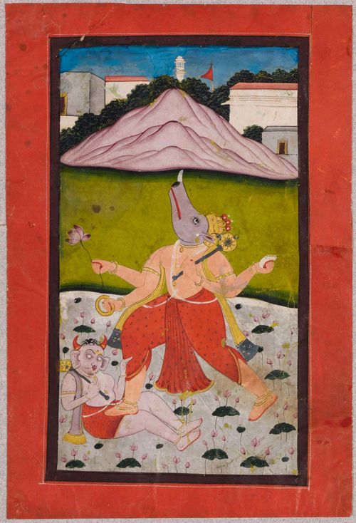 TWO MINIATURE PAINTINGS DEPICTING VISHNU AS MATSYA AND VARAHA AVATAR. India, Rajasthan, 19th c. 14x8 and 14.8x8.3 cm. Gouache and Gold on paper. Slightly damaged. (2)