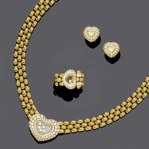 GOLD AND DIAMOND NECKLACE WITH RING AND EARRINGS, BY CHOPARD, ca. 1990.