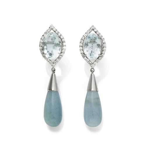 AQUAMARINE AND DIAMOND EARRINGS.