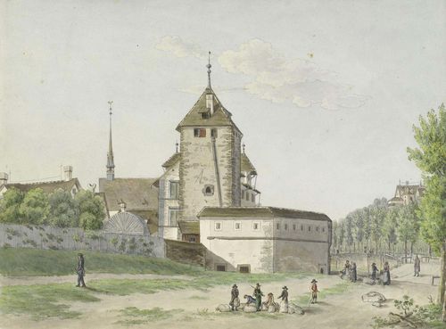 ZURICH.-Blick auf Kronentor und Seilergraben, 1826. Pen and watercolour drawing, 20.5 x 27.5 cm. Monogrammed and dated lower left in black pen: 1826 R.W.v.A. Framed.