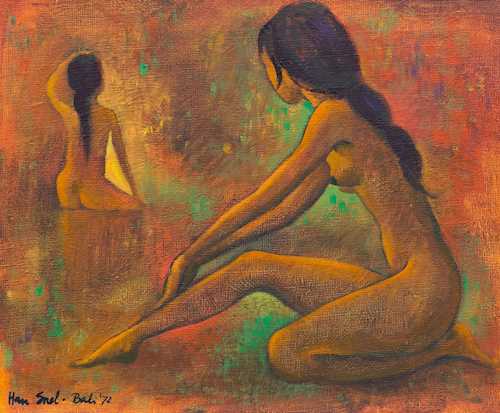 A PAINTING OF TWO YOUNG WOMEN BATHING BY HAN SNEL (1925-1998).