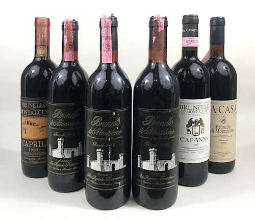 Lot of 6: 3 bts Brunello di Montalcino Fontevino 0.75 L  1986; 1 bt Brunello di Montalcino Caprili 0.75 L 1983; 1 bt Brunello di Montalcino Caparzo 0.75 L 1988; 1 bt Brunello du Montalcino Capanna 0.75 L 2003