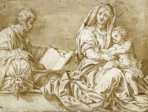 ITALIAN SCHOOL, 16TH CENTURY The Holy Family. After Andrea del Sarto's fresco "La Madonna del Sacco". Pen and brush in brown. 28 x 38 cm. Framed.