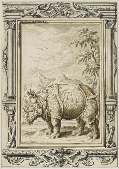 FÜSSLI, JOHANN MELCHIOR (1677 Zurich 1736) Rhinoceros before landscape backdrop in architectural frame. Grey, brown and black pen with grey wash. 28 x 20 cm (image). Framed. Provenance: - Erasmushaus auction, Basel 1977 - private collection Switzerland