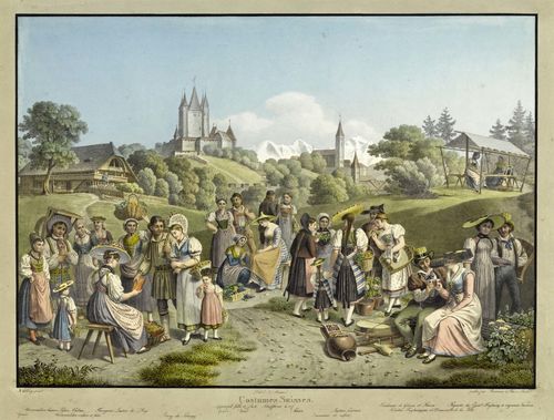 KÖNIG, FRANZ NIKLAUS (1765 Bern 1832).Costumes Suisses. Lith. de A. Merian. Publiée par Birmann & Fils à Basle. Lithograph with original colour, 30.6 x 43 cm. Gold frame. - Very fine and fresh condition.