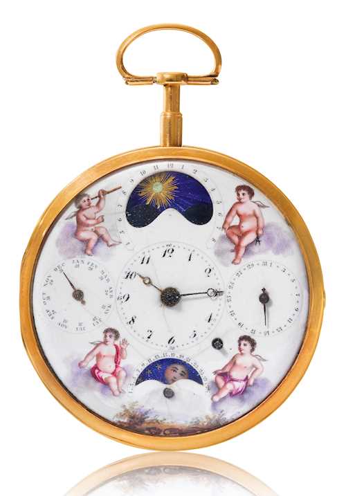 Exceptional verge watch with calendar, moon phase, and sunrise and sunset, ca. 1780.