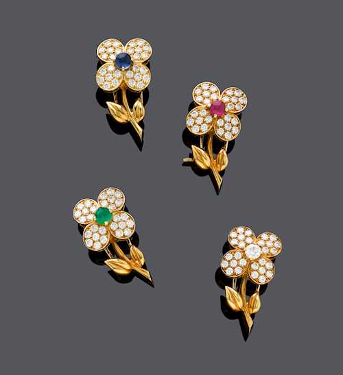 FOUR GEMSTONE AND DIAMOND CLIP BROOCHES, BY VAN CLEEF & ARPELS.