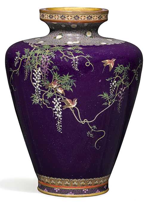 AN ENAMEL CLOISONNE VASE IN THE STYLE OF HAYASHI KODENJI.