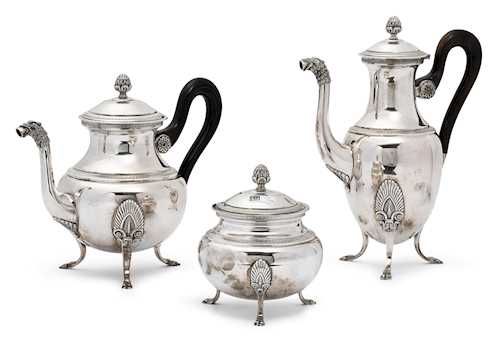 COFFEE POT AND TEA POT AND SUGAR BOWL