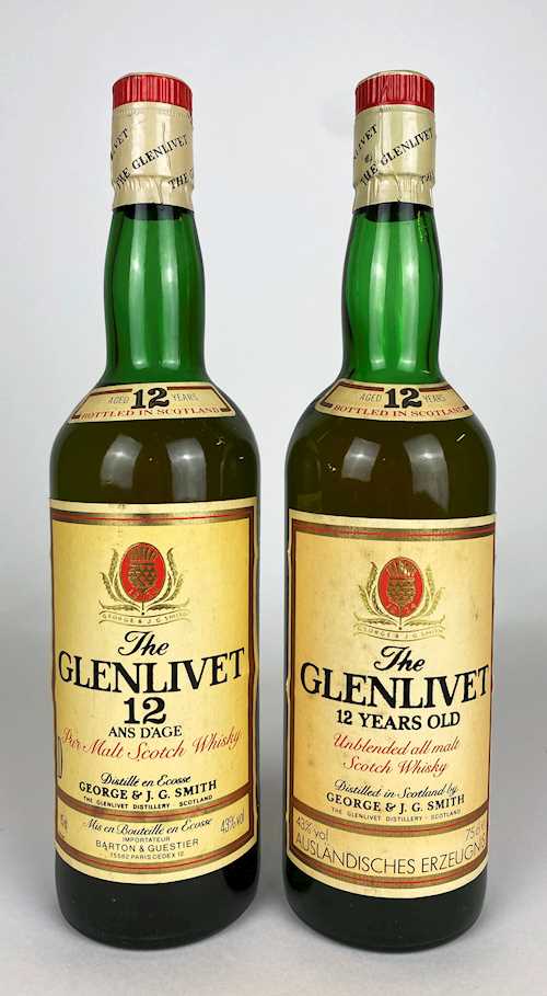 Lot of 2 bts: 1 bt Whisky George & J.G. Smith The Glenlivet 12 Years Old Unblened all Malt 0.75L ; 1 bt Whisky George & J.G. Smith The Glenlivet 12 Years Old Pur Malt 0.75L