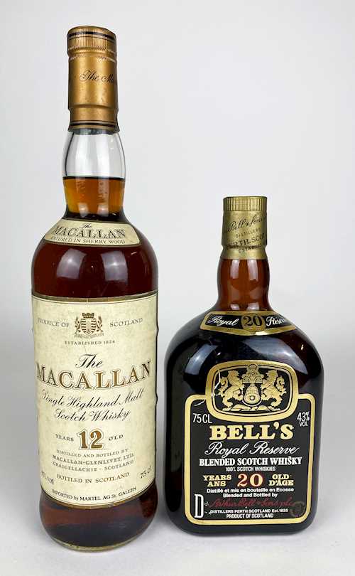 Lot of 2 bts: 1 bt Whisky Macallan Glenlivet Single Highland Malt 12 Years Old 0.75L; 1 bt Whisky Arthur Bell & Sons Bell's Royal Reserve Blended 20 Years Old 0.75L