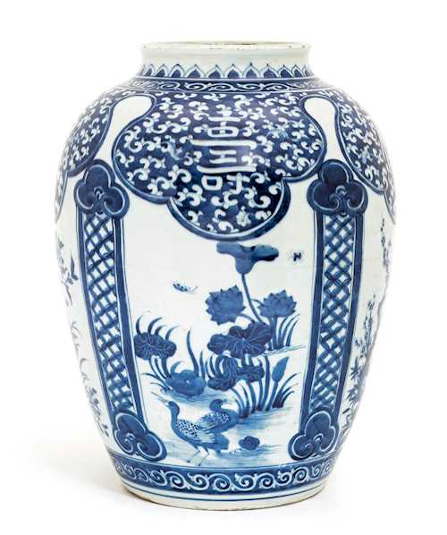 A LARGE BLUE AND WHITE JAR WITH THE FLOWERS OF THE FOUR SEASONS.