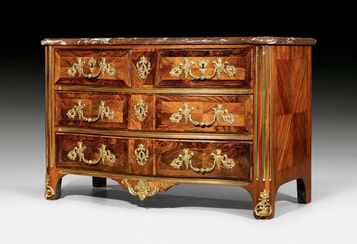 COMMODE,Regence/Louis XV, in the style of F. MONDON (Francois Mondon, maitre circa 1730), Paris circa 1730/40. Purpleheart and rosewood in veneer with inlays. The front with 3 drawers, the top drawer divided into 2. Rich, replaced gilt bronze mounts. "Griotte Rouge" top. 126x60x80 cm.