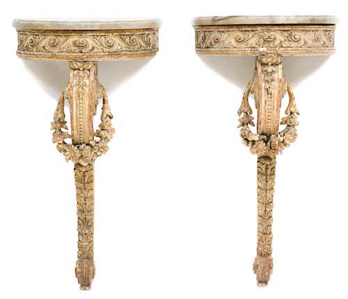  A PAIR OF PAINTED DEMI-LUNE CONSOLES