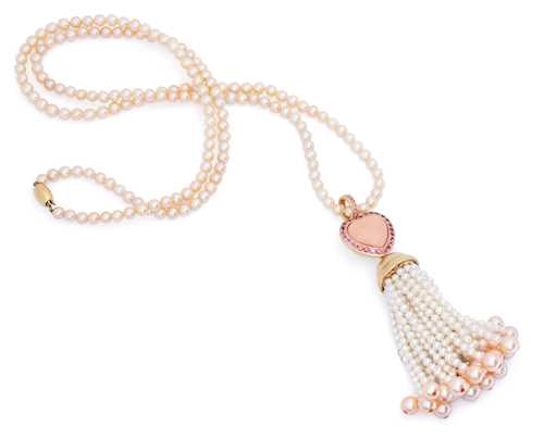 CORAL, PEARL AND PINK SAPPHIRE PENDANT WITH PEARL NECKLACE.