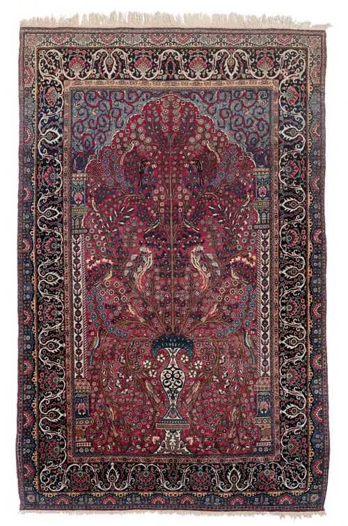 TEHERAN PRAYER antique.Violet mihrab with light blue spandrels, patterned with a vase and birds, black edging with trailing flowers, 140x220 cm.