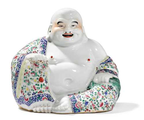 A FAMILLE ROSE FIGURE OF THE SEATED BUDAI.