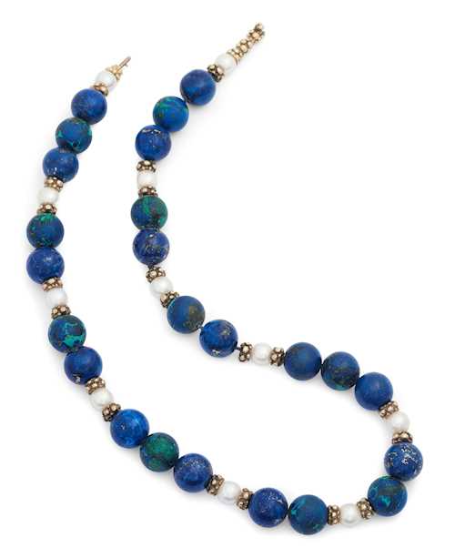 PEARL, LAPISLAZULI AND AZURITE/MALACHITE NECKLACE, probably GILBERT ALBERT.