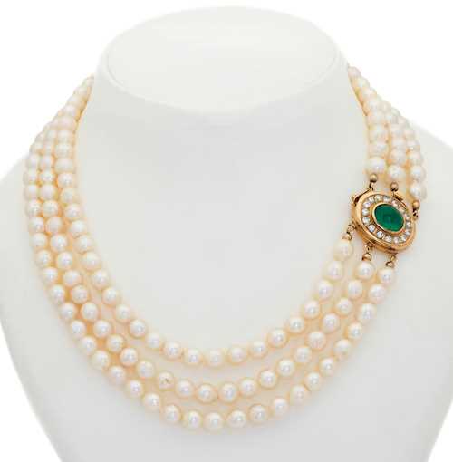 EMERALD, DIAMOND AND PEARL NECKLACE WITH BRACELET.