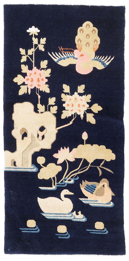 2 MATCHING PAOTOU antique. Stone garden with ducks on a dark blue background, each 70x160 cm.