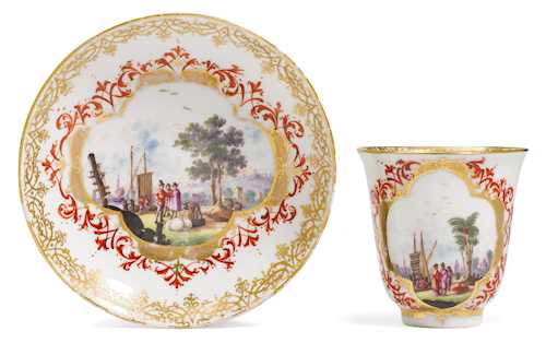 BEAKER AND SAUCER WITH MERCANTILE-SHIPPING SCENES