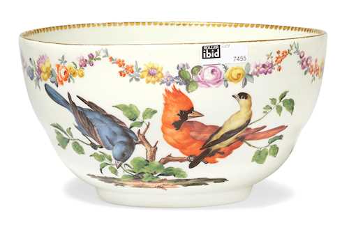 BOWL PAINTED WITH BIRDS AND FLOWER FESTOONS