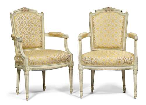 A PAIR OF PAINTED FAUTEUILS "EN CABRIOLET"