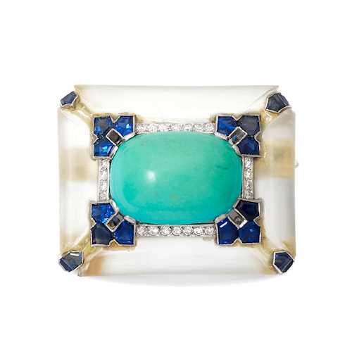 ROCK CRYSTAL, TURQUOISE, SAPPHIRE AND DIAMOND BROOCH, ca. 1920.