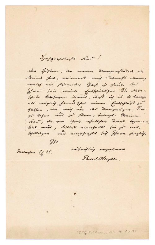 Heyse, Paul. Fruchtbarer deutscher Novellist u. Lyriker mit Tendenz zu Idealisierung u. Schönheitskult. (1830-1914). Eigenh. Br. m. U., München, 7. April 1856. 1 Doppelbl. 8°, 1 S. beschrieben.