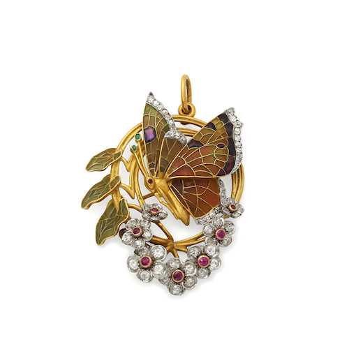 ENAMEL, RUBY AND DIAMOND PENDANT, ca. 1960.