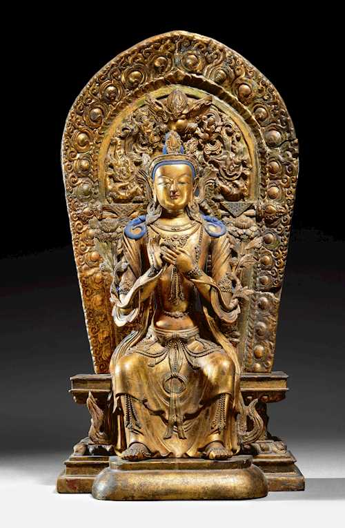 A LACQUER-GILT WOOD AND STUCCO FIGURE OF MAITREYA.