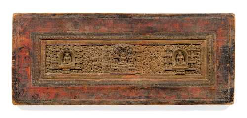 A MANUSCRIPT COVER OF SHAKYAMUNI, PRAJNAPARAMITA AND THE MEDICINE BUDDHA.