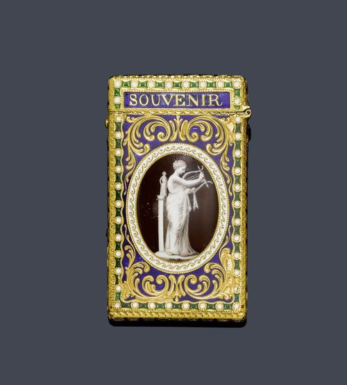 MINIATURE MINI CARNET DE BAL, probably England, ca. 1780. Yellow gold. Decorative, rectangular case, finely engraved all around with tendrils and volutes, and polychrome enamelled. Both sides with a miniature "en grisaille", one of a woman making a sacrifice at an altar, and one of a woman playing the lyre. The cover with the word "Souvenir". Inside, 5 fine florally open-worked ivory leaflets with the day of the week in English, and 1 pencil. Ca. 6 x 3.3 x 0.6 cm.