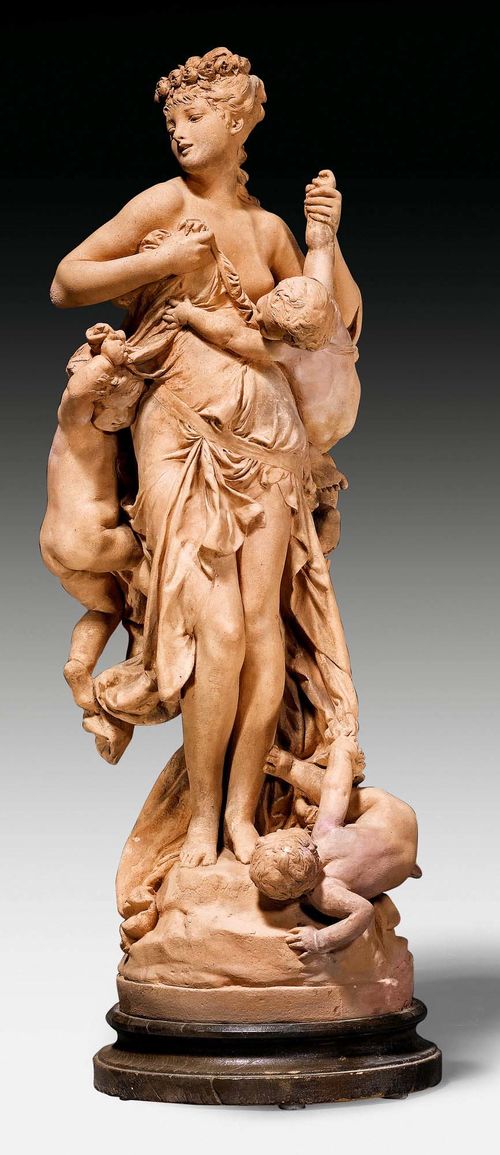 CARRIER-BELLEUSE, E. (Albert-Ernest Carrier de Belleuse, Ainzi-le-Chateau 1824-1887 Sevres), Paris circa 1870. "L'innocence tourmentee par l'amour". Terracotta. Signed E. DE CARRIER-BELLEUSE. H 68 cm.