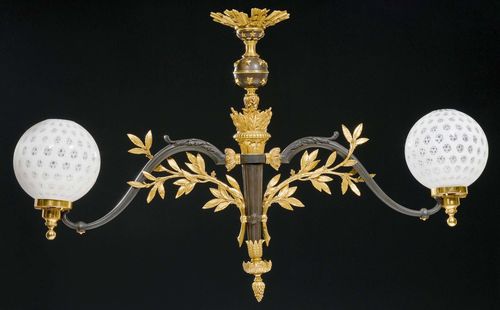 CEILING LIGHTS FOR A BILLIARD ROOM, Louis XVI style, Paris. Gilt bronze and partly burnished bronze. With glass cloches. Fitted for electricity. Originally used as a gas chandelier. H 88 cm. W 132 cm.